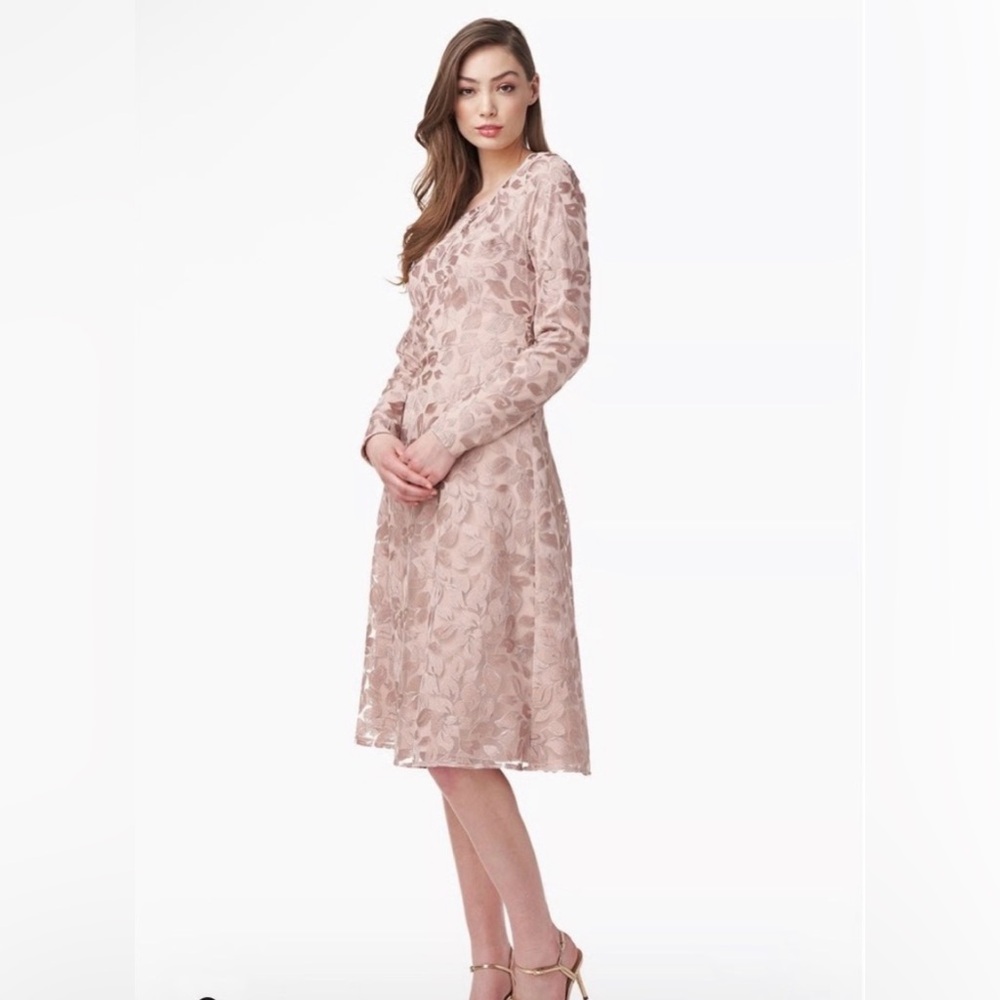 JS Collection Darla Dress Latte Lace Midi Sz 6 Long Sleeves Medium $185 NWT